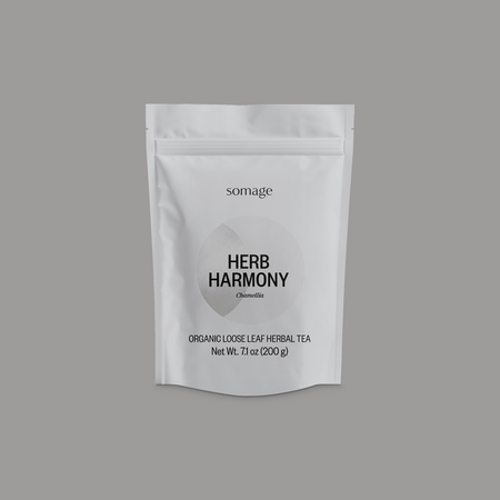 Herb Harmony Loose Leaf by Somage USA, featuring rooibos, lemongrass, lavender, and chamomile in a blend for soothing benefits.
