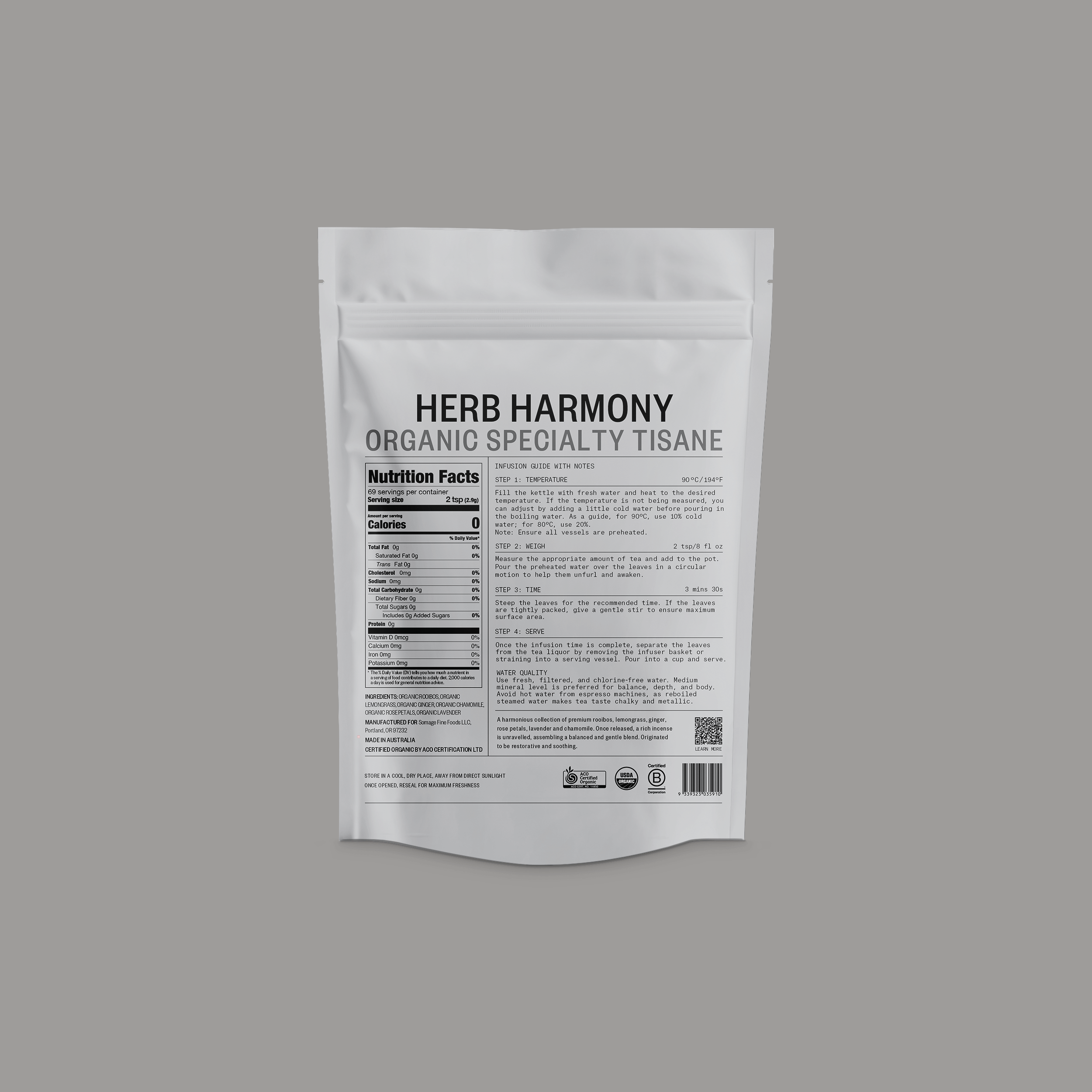 Herb Harmony Loose Leaf by Somage USA, showing a blend of loose leaf herbs in a clear packaging