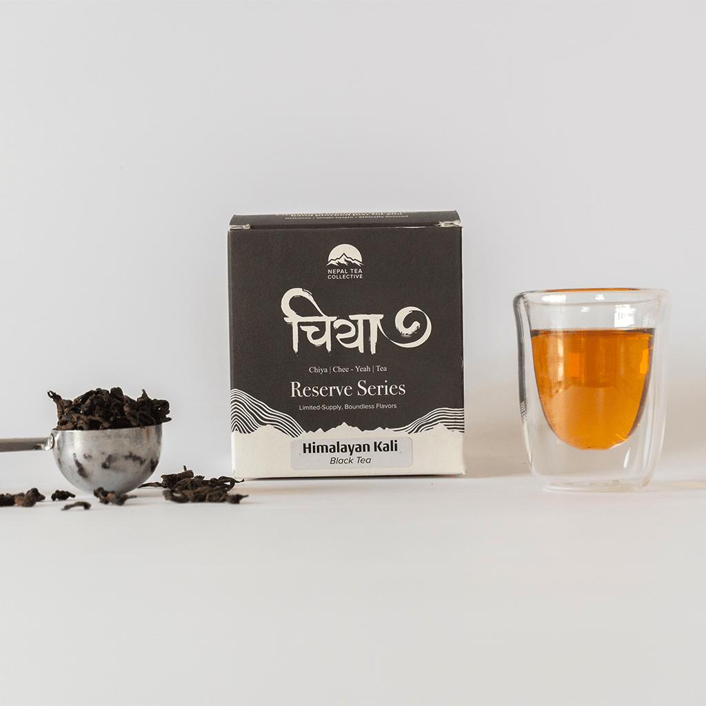Himalayan Kali black tea by Nepal Tea, featuring a malty brisk profile with notes of sweet plum, caramel, and orchids.