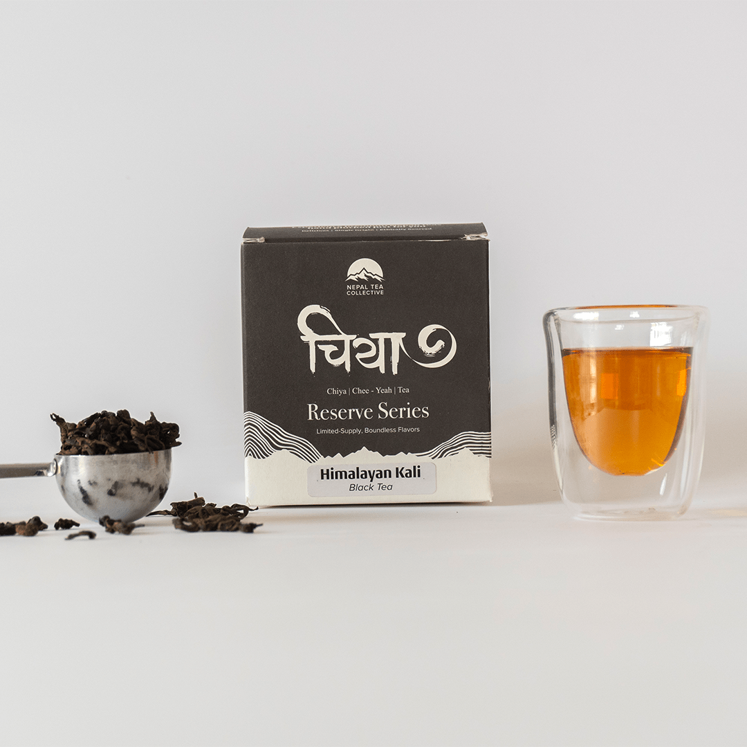 Himalayan Kali black tea by Nepal Tea, featuring a malty brisk profile with notes of sweet plum, caramel, and orchids.