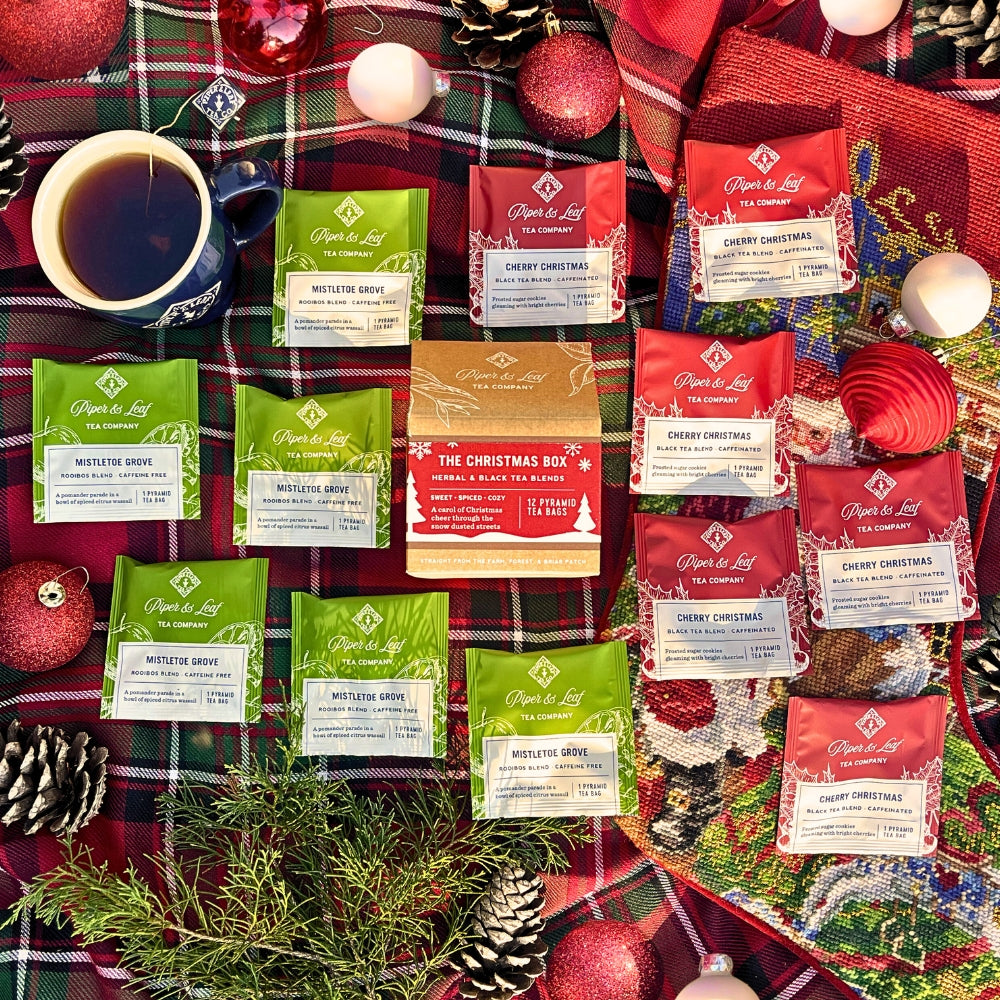 Piper and Leaf Christmas Box: Box of 12 Tea Bags featuring Cherry Christmas and Mistletoe Grove tea blends.