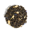 Plum Deluxe Hope Blend Green Tea (Jasmine) shown in a round package, featuring jasmine buds and blue cornflower petals.