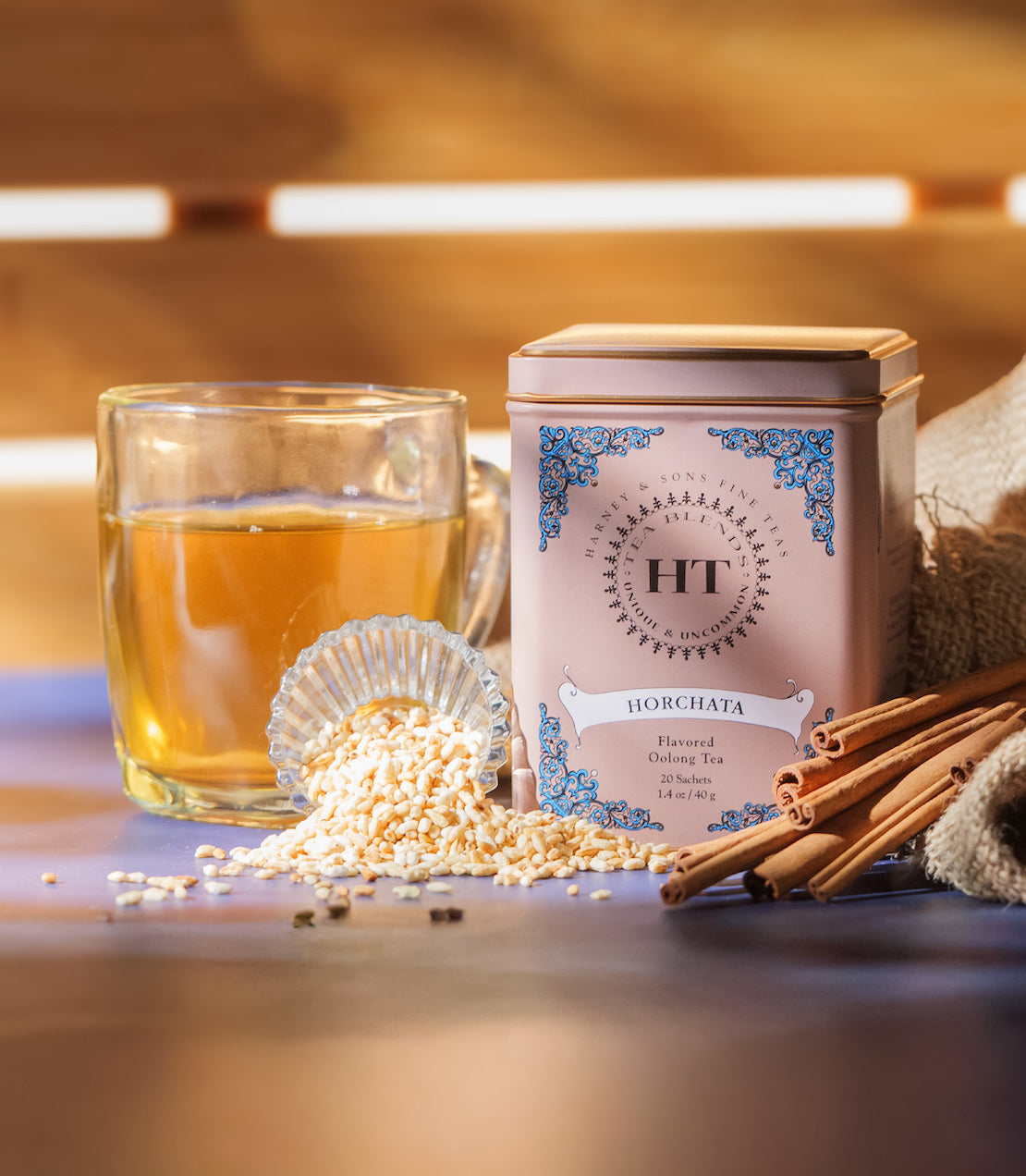 Harney & Sons Horchata, HT Tin of 20 Sachets, displayed in a decorative tin with sachets inside on a surface.