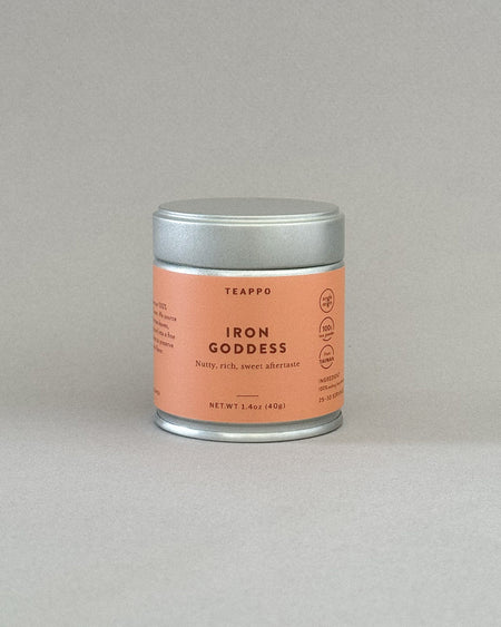 Teappo Iron Goddess Powder, 1.4 oz. tea tin of premium matcha tea powder from Taiwan, showcasing nutty flavor and sweet aftertaste.