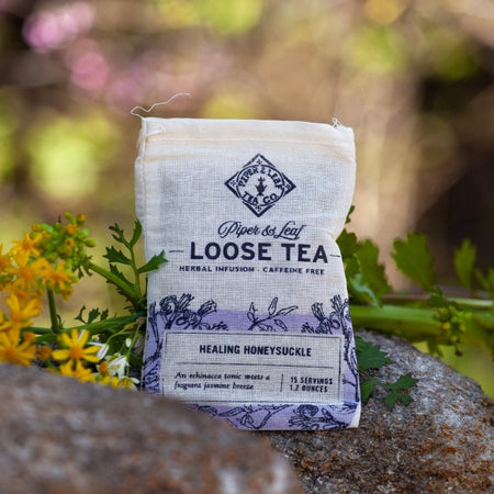 Piper and Leaf Healing Honeysuckle Muslin Bag of Loose Leaf Tea - 15 Servings in hand-printed muslin, 35 grams for 15 servings.