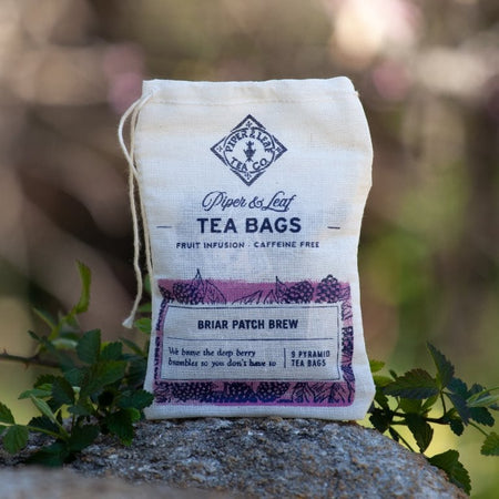 Piper and Leaf Briar Patch Brew 9ct Tea Bags in Muslin, packaged in hand-printed muslin bags for brewing.
