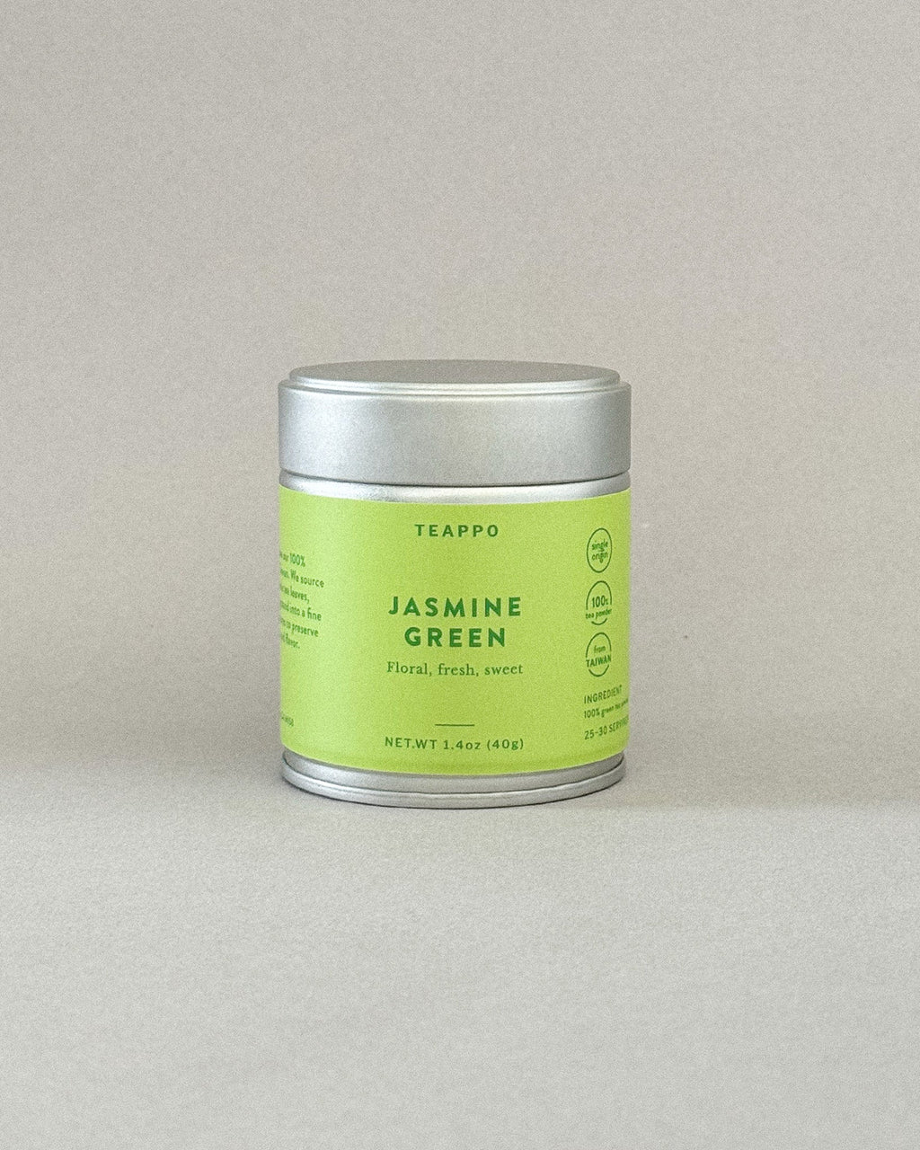 Teappo Jasmine Green Powder in a tea tin (1.4 oz) with floral notes, ideal for making tea lattes