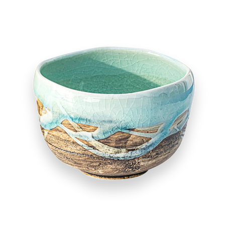 Aprika Life Japanese Matcha Tea Bowl Blue & Brown Glaze, handcrafted ceramic bowl with unique glaze, perfect for matcha preparation.
