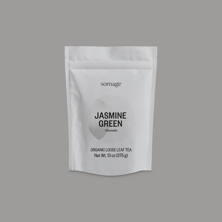 Jasmine Green Loose Leaf by Somage USA, showing loose green tea leaves infused with fragrant wild jasmine flowers.