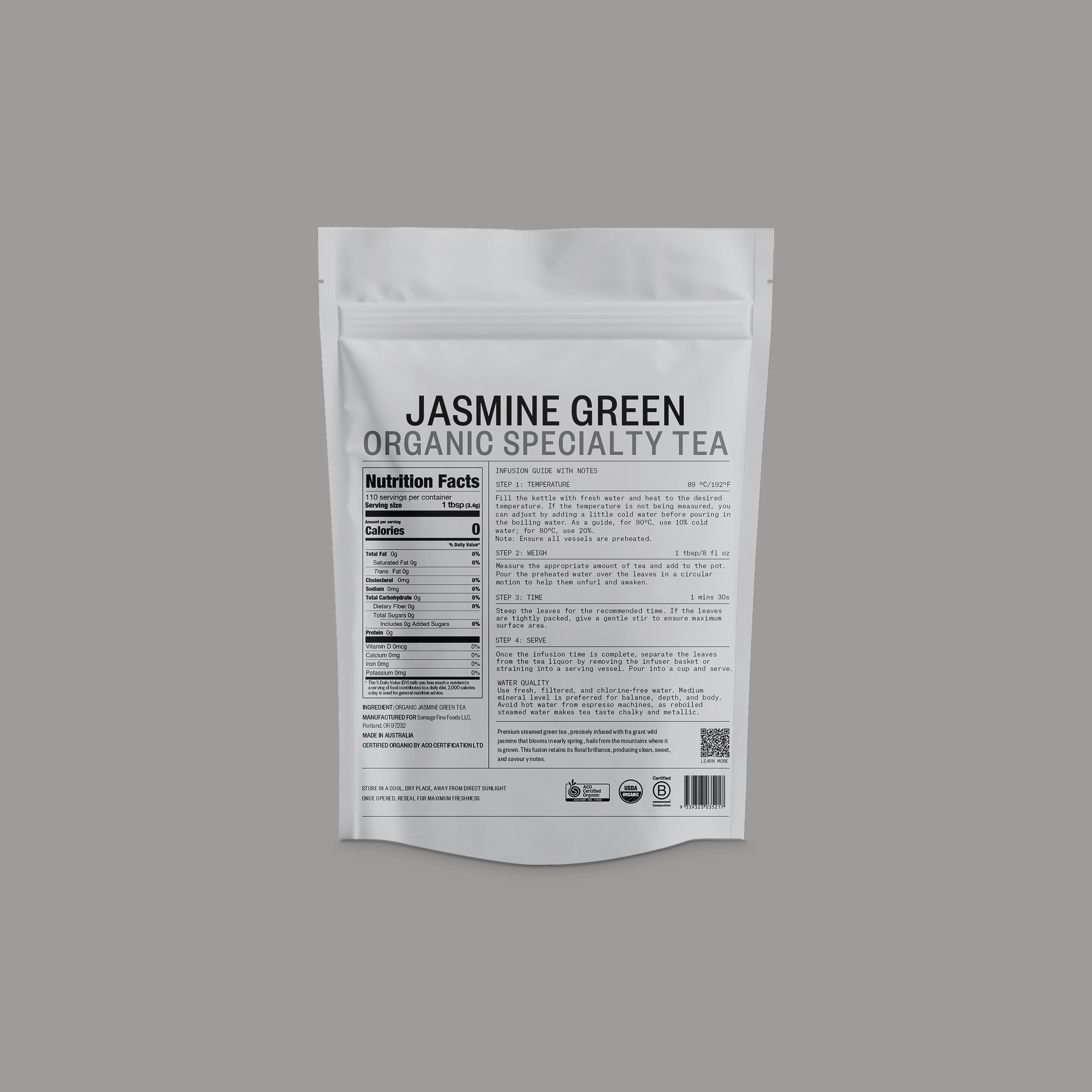 Jasmine Green Loose Leaf by Somage USA, showcasing loose green tea leaves infused with jasmine flowers.