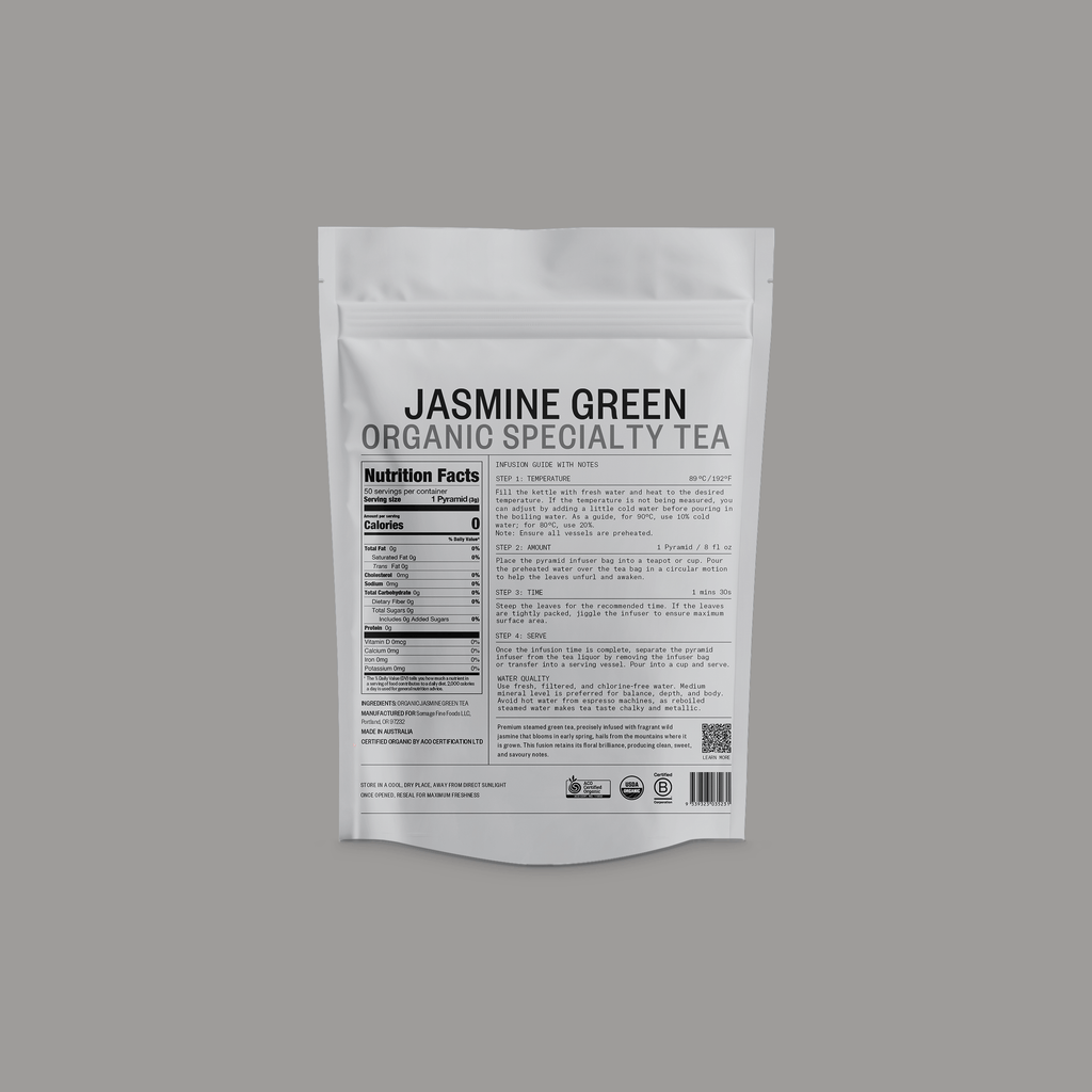 Jasmine Green Pyramid Bags by Somage USA, featuring pyramid-shaped tea bags filled with jasmine green tea.