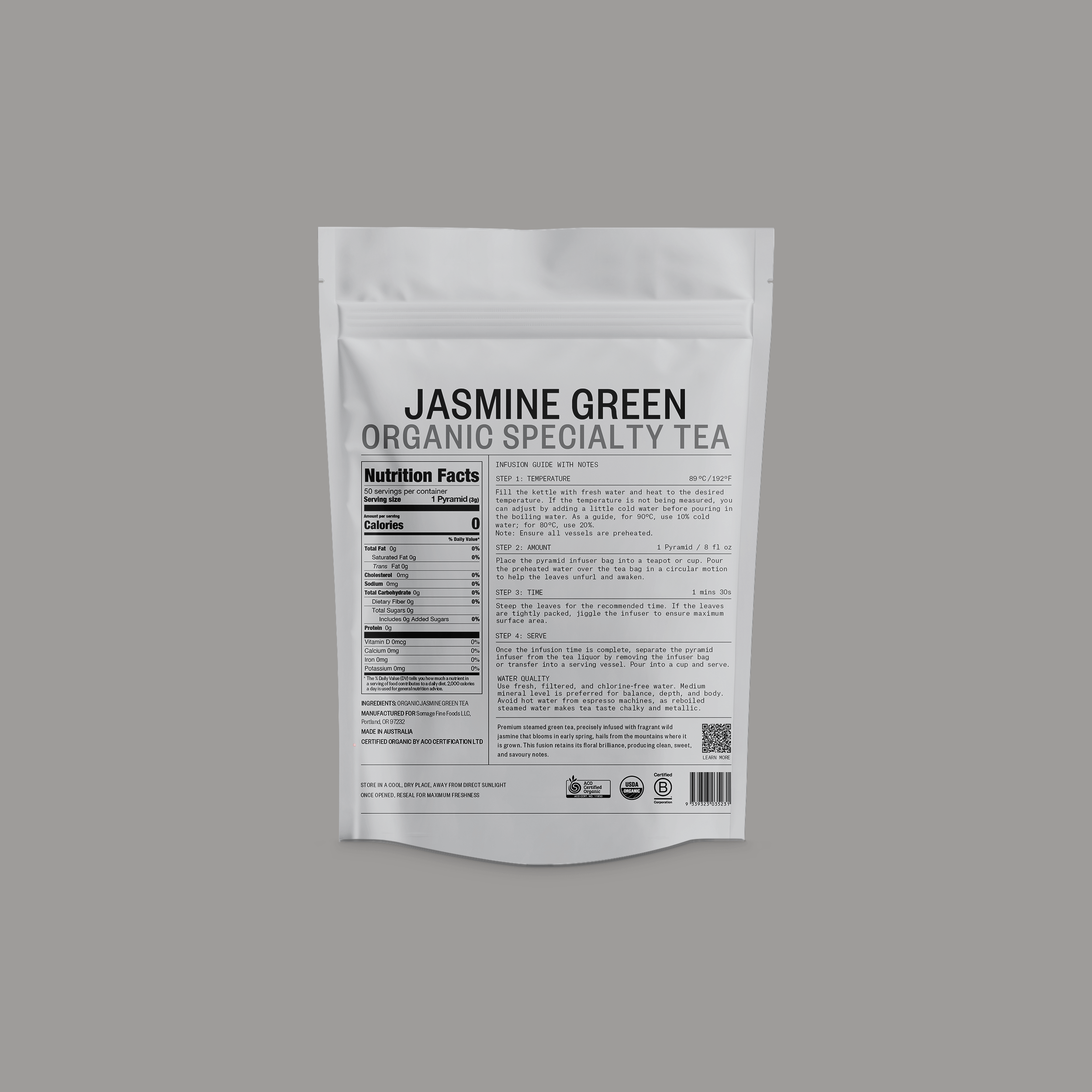 Jasmine Green Pyramid Bags by Somage USA, featuring pyramid-shaped tea bags filled with jasmine green tea.