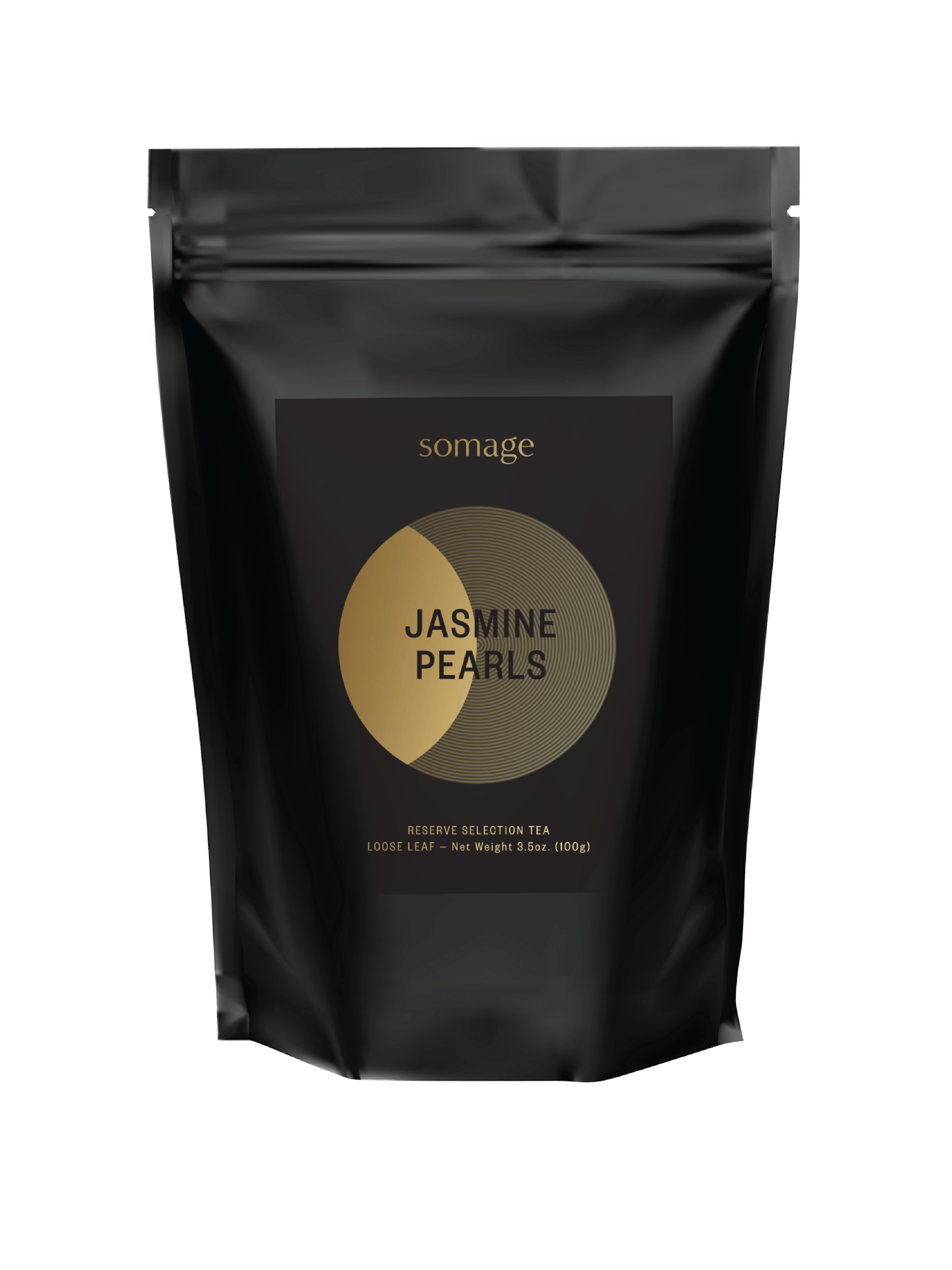 Jasmine Dragon Pearls by Somage USA, a light-bodied green tea made from jasmine-scented curled leaves.