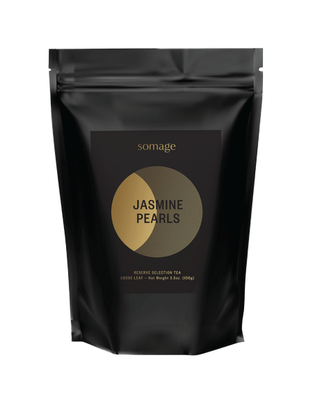 Jasmine Dragon Pearls by Somage USA, a light-bodied green tea made from jasmine-scented curled leaves.