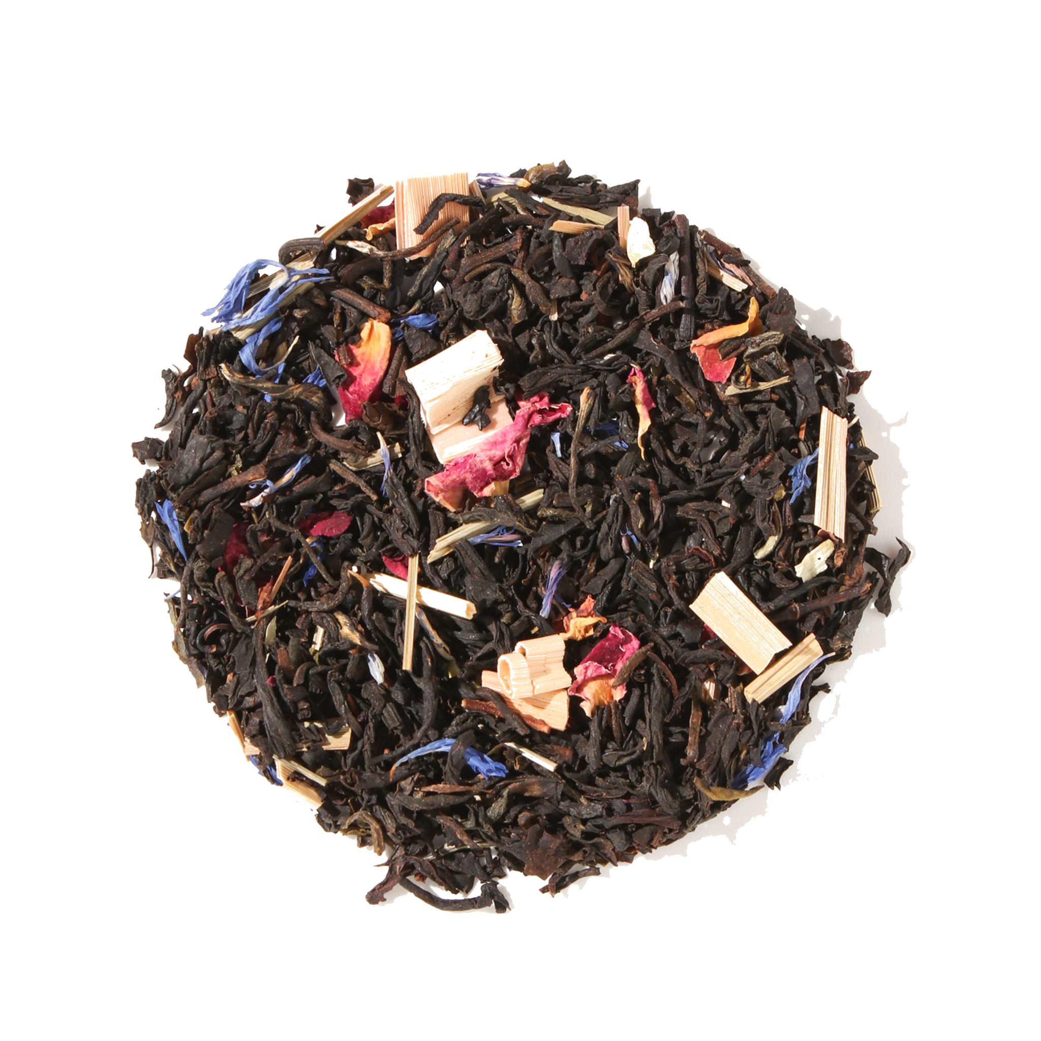 Plum Deluxe Kitchen Table Blend Black-Green Tea (with Secret Citrus Mix) in a circular packaging with citrus and floral imagery.