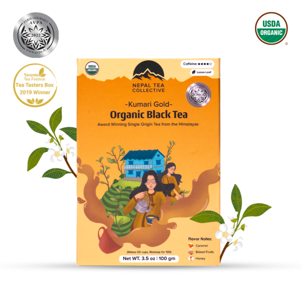Kumari Gold tea by Nepal Tea, a full-bodied black tea with golden tips, featuring caramel and honey flavors.