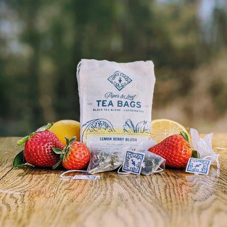 Piper and Leaf Lemon Berry Blush 9ct Tea Bags in Muslin with ingredients including Ceylon Black Tea, lemongrass, and strawberries.