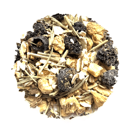 Beach House Lake Side Chill Iced Blend in a clear glass, showcasing its organic lemongrass, blueberries, oats, and kava root.