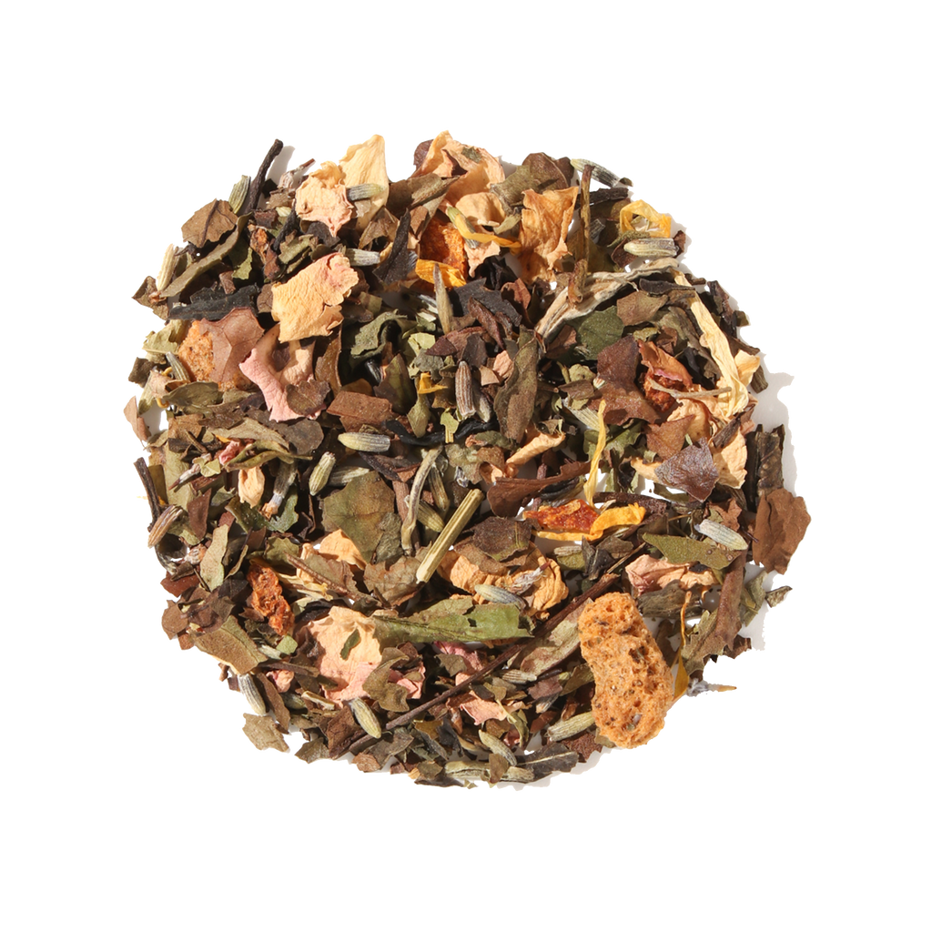 Plum Deluxe Lavender Daydream White Tea (Mango - Peach - Floral) in a circular package, featuring lavender and fruit blend ingredients.