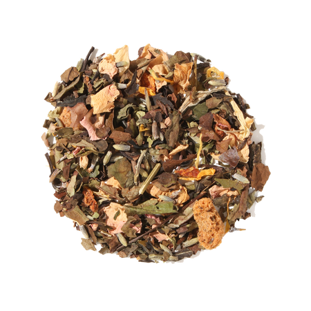 Plum Deluxe Lavender Daydream White Tea (Mango - Peach - Floral) in a circular package, featuring lavender and fruit blend ingredients.