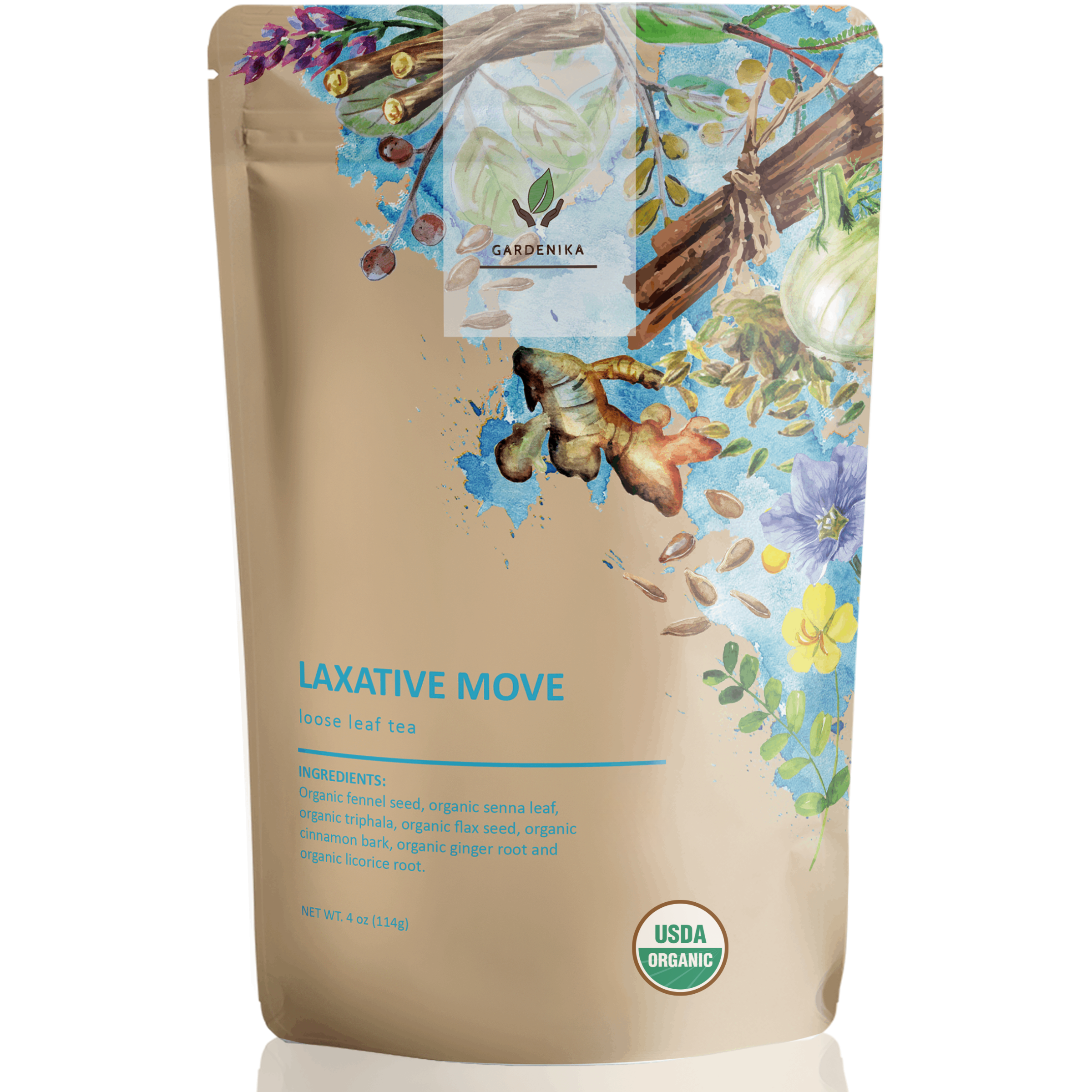 Gardenika Laxative Loose Leaf Tea, Gentle Constipation Relief - Ayurvedic Herbal Blend with Senna & Fennel - Digestive Health Support - Caffeine Free - 55+ Cups - USDA Organic & Kosher - 4 oz (113g)
