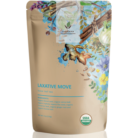 Gardenika Laxative Loose Leaf Tea, 4 oz (113g), organic herbal blend with senna and fennel for digestive health support.