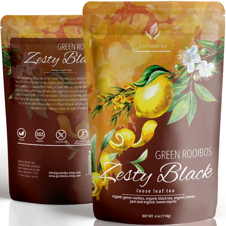 Gardenika Lemon Essence Black Loose Leaf Tea with Green Rooibos, USDA Organic, 4 oz package displaying the tea blend ingredients.