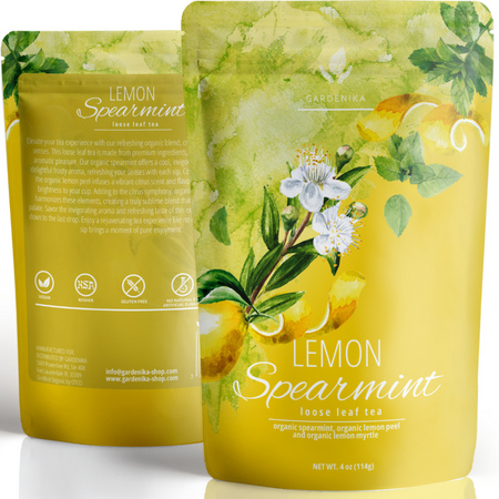Gardenika Lemon Spearmint Tea, Loose Leaf, USDA Organic, Kosher, Caffeine Free – 4 Oz (113g) in a packaging display.