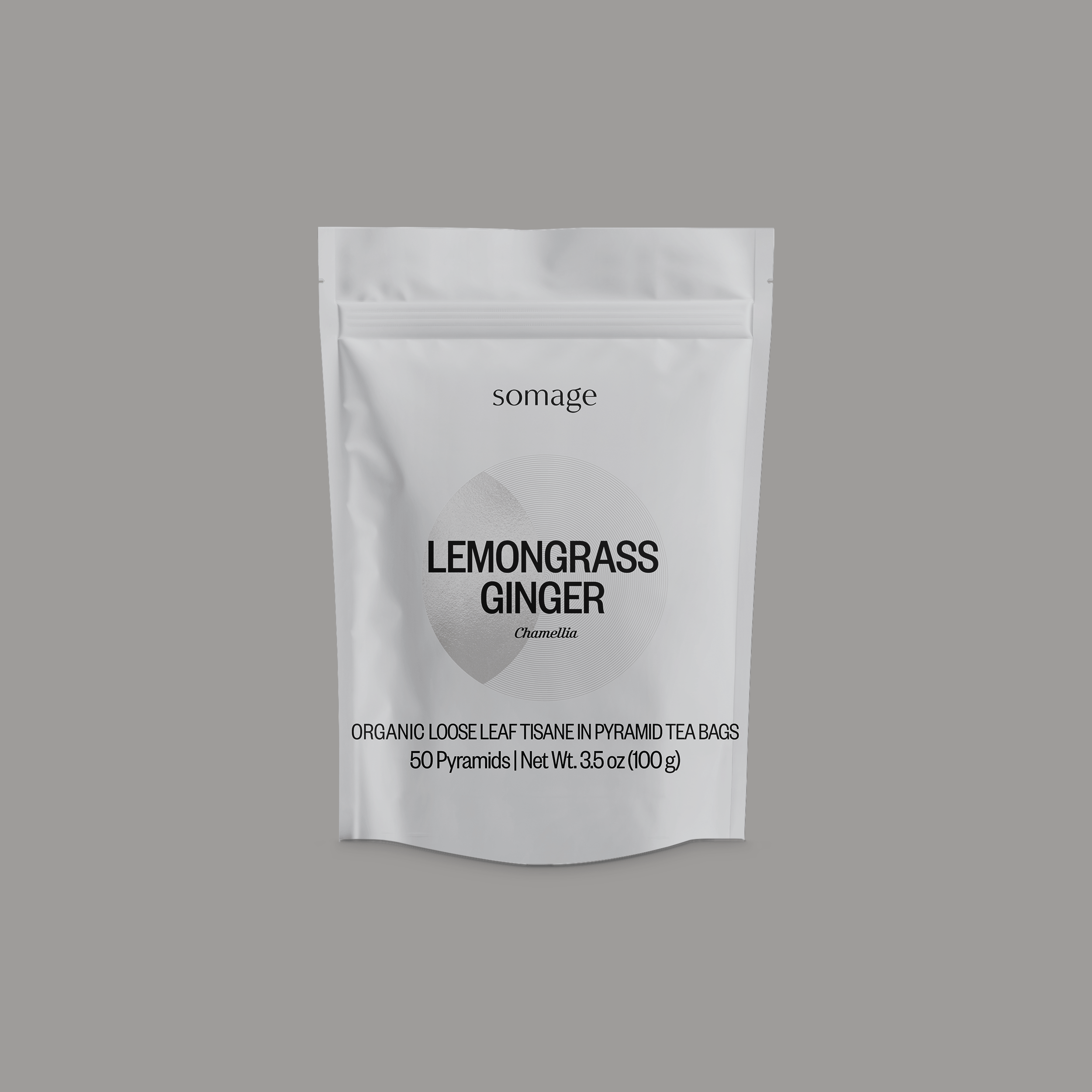 Lemongrass & Ginger Pyramid Bags by Somage USA, showcasing pyramid tea bags with ginger and lemongrass blend in a vibrant package.