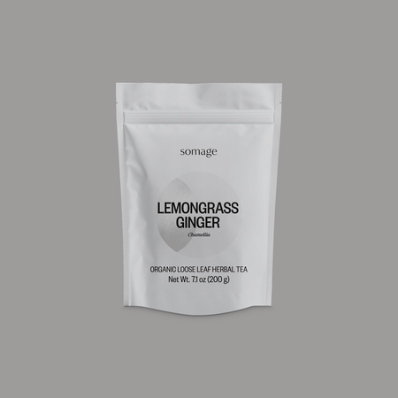 Lemongrass & Ginger Loose Leaf by Somage USA, featuring a blend of spiced ginger and lemongrass in a vibrant packaging.