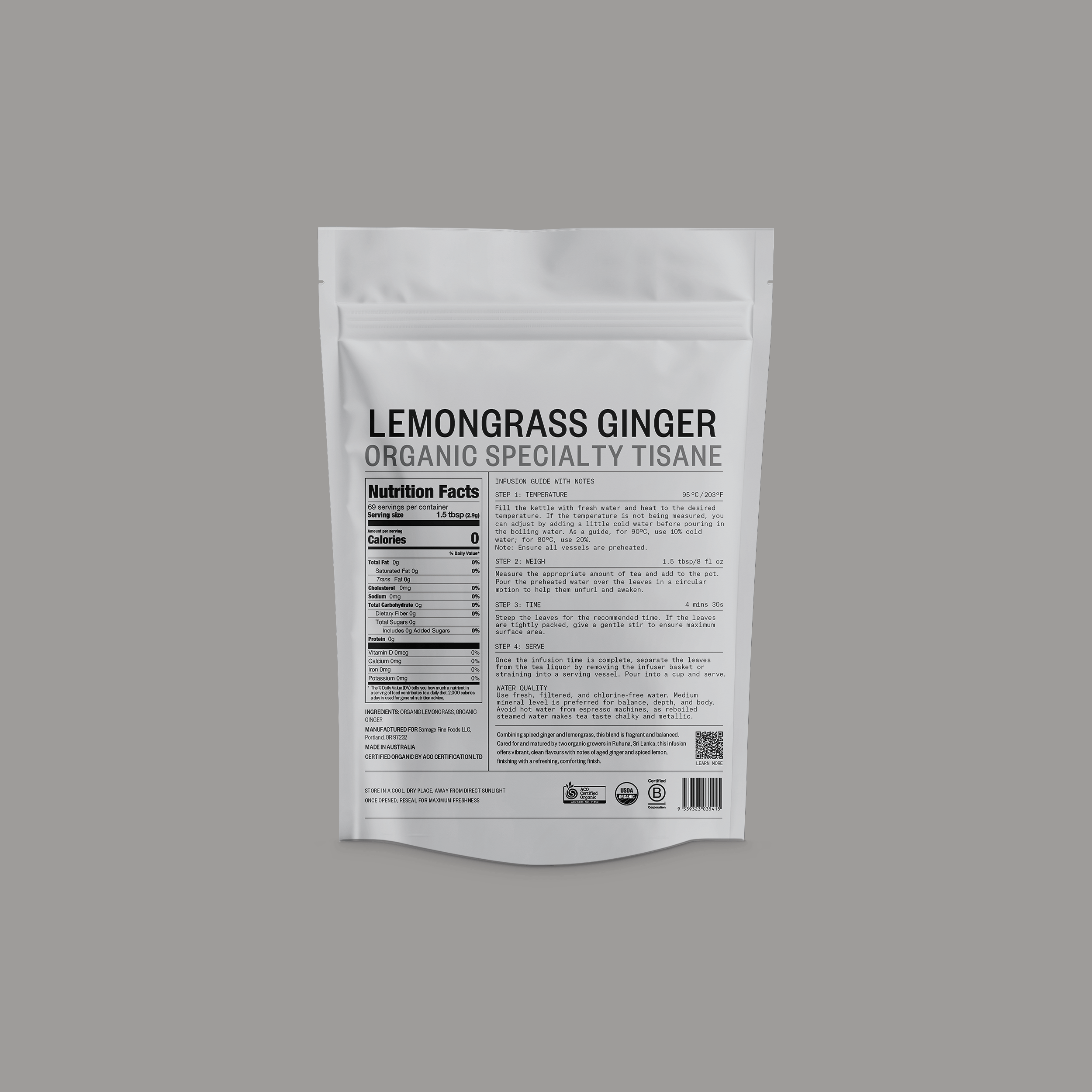 Lemongrass & Ginger Loose Leaf by Somage USA displayed in a clear package with visible loose tea leaves and herbs.