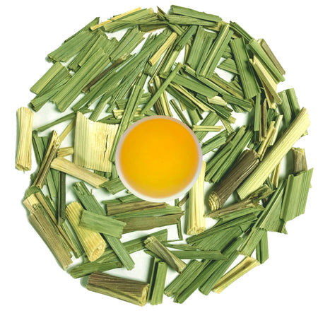 Danfe Lemongrass Tea (Loose Leaf Herbal Tea) displayed as loose leaves with brewed tea in a cup, showcasing its herbal infusion.