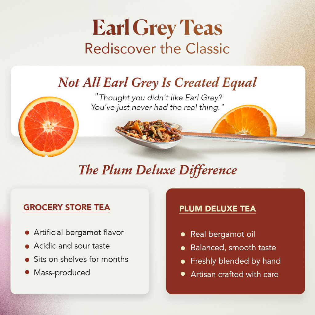 Plum Deluxe Queen's Blend Green Tea (Lemon Crème Earl Grey) infographic showcasing tea details and brewing instructions.
