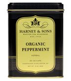 Harney & Sons Organic Peppermint loose herbal tea, 3 oz package, shown in a clear bag with peppermint leaves.