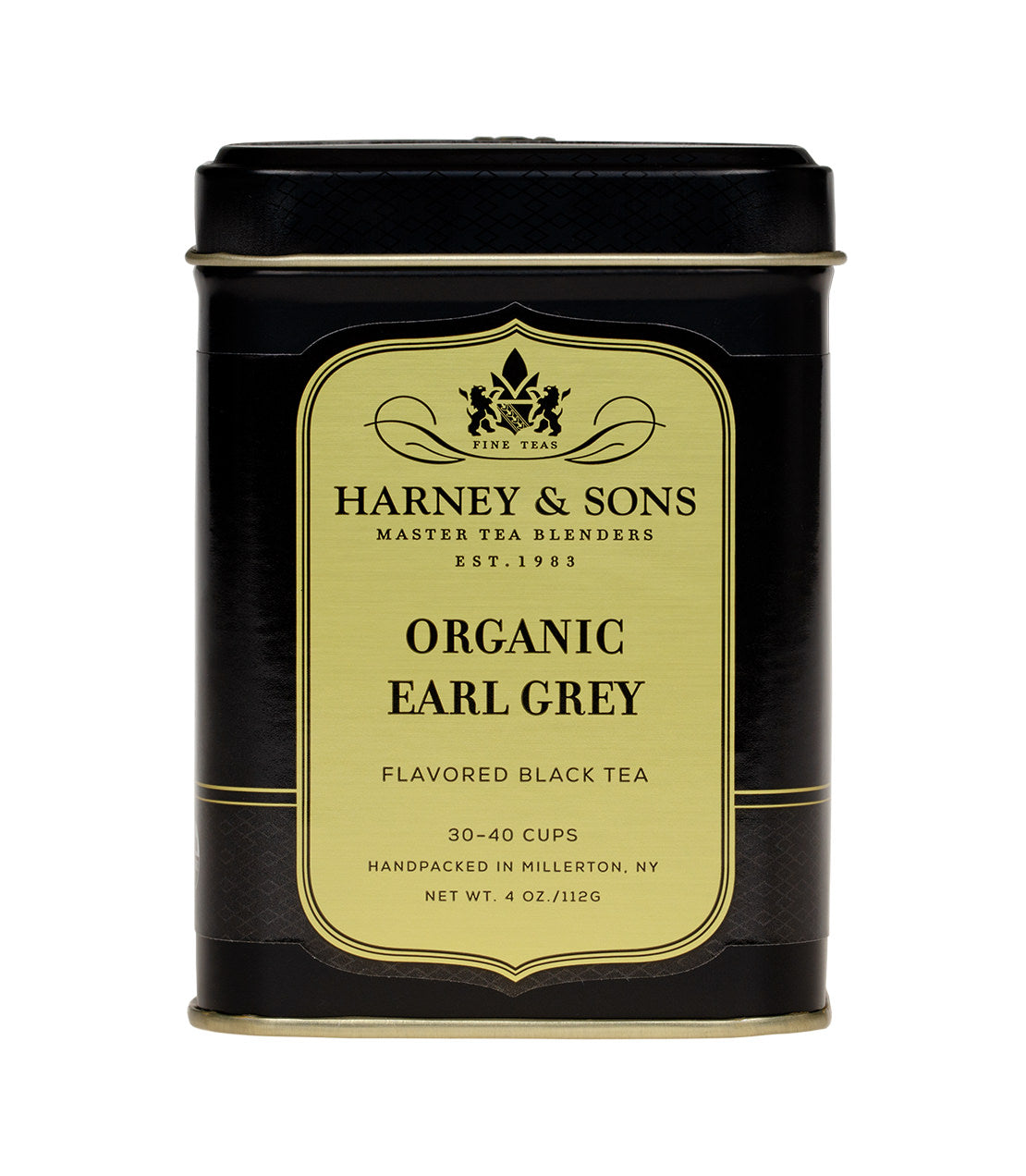 Harney & Sons Organic Earl Grey loose tea in a 4 oz package, featuring the brand's distinct packaging design.
