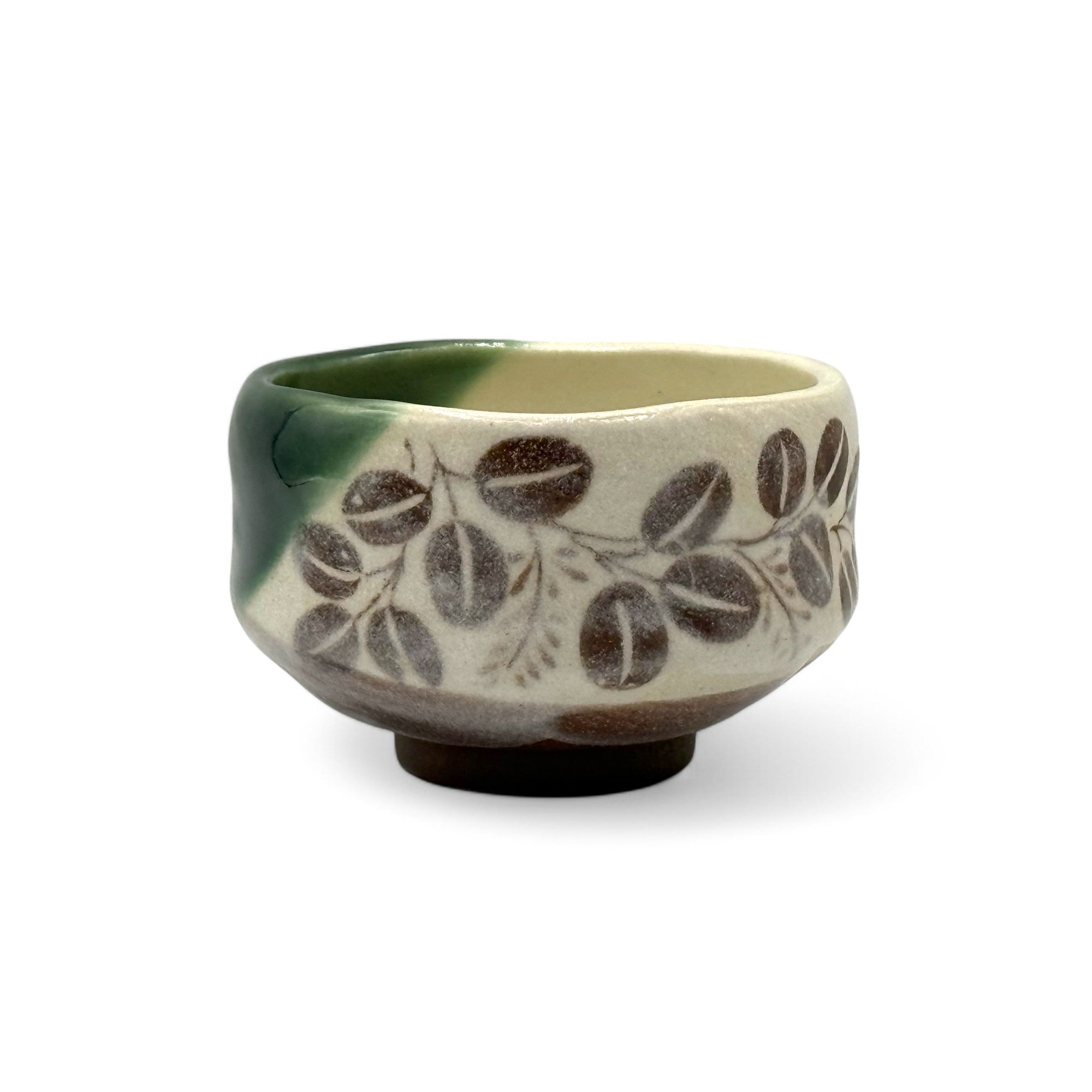 Inoue Ogi Green Leaves Mino-yaki Chawan - Japanese Mini Matcha Bowl