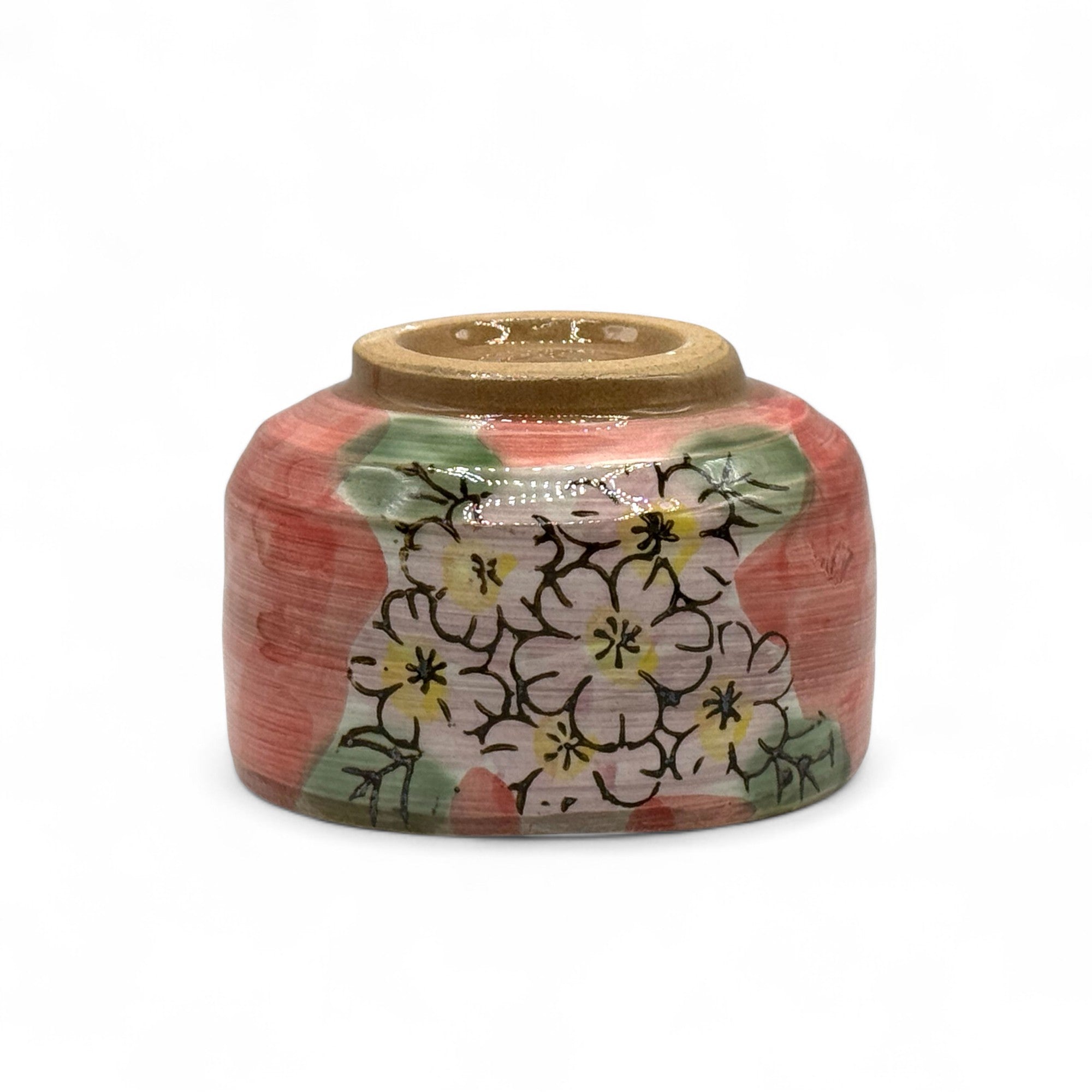 Inoue Patterned Cherry Red Blossom Mino-yaki Chawan - Japanese Matcha Bowl Tea