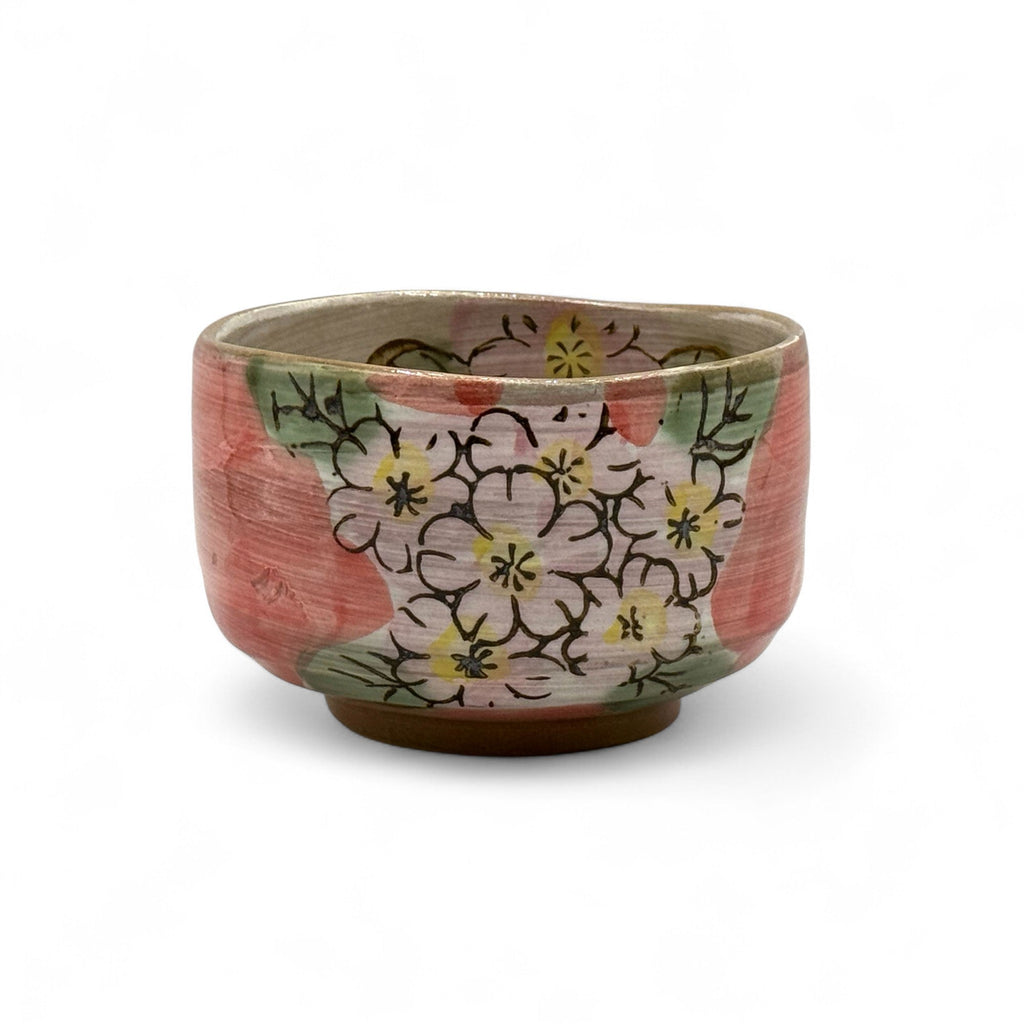 Inoue Patterned Cherry Red Blossom Mino-yaki Chawan - Japanese Matcha Bowl Tea