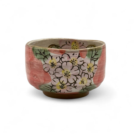 Inoue Patterned Cherry Red Blossom Mino-yaki Chawan - Japanese Matcha Bowl Tea