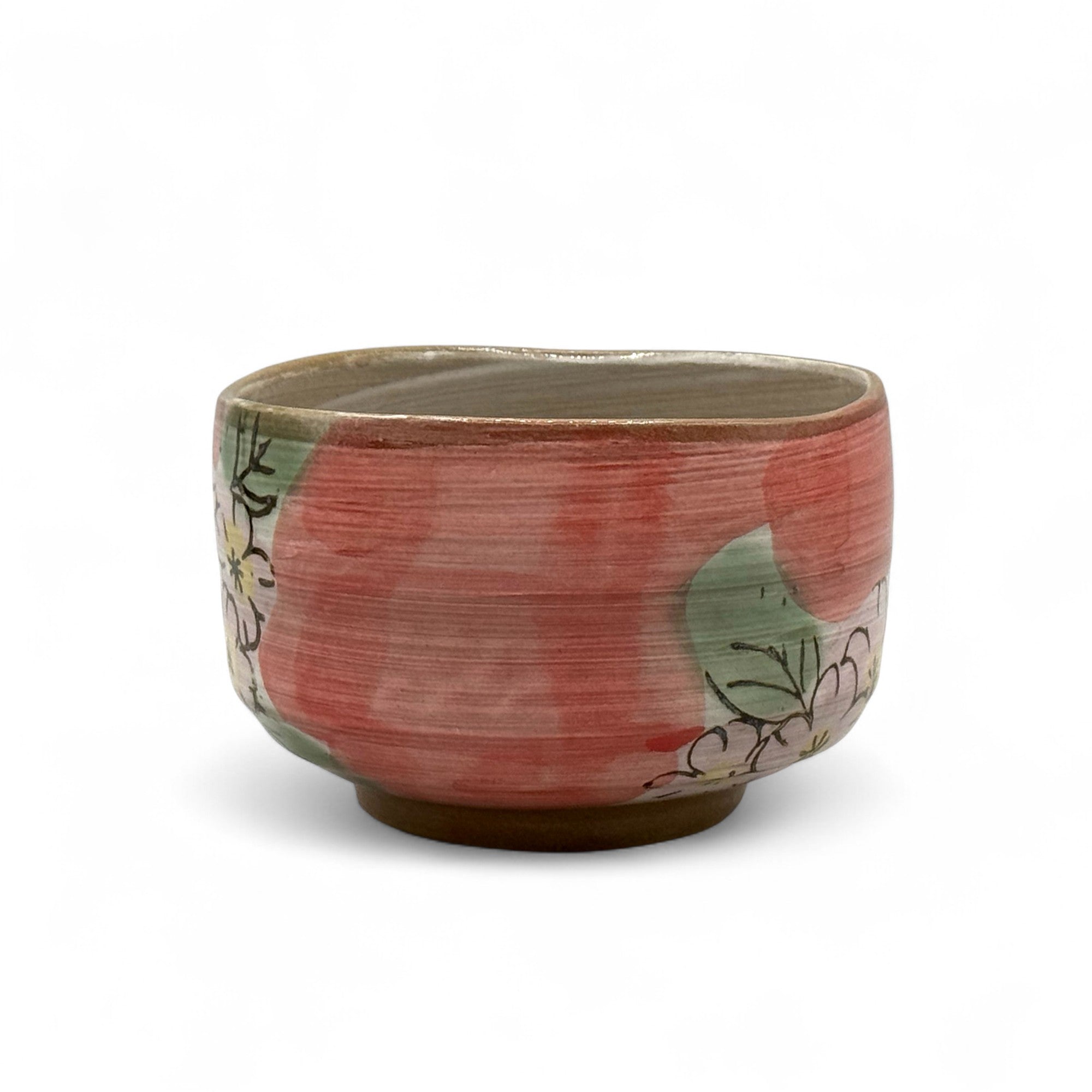 Inoue Patterned Cherry Red Blossom Mino-yaki Chawan - Japanese Matcha Bowl Tea