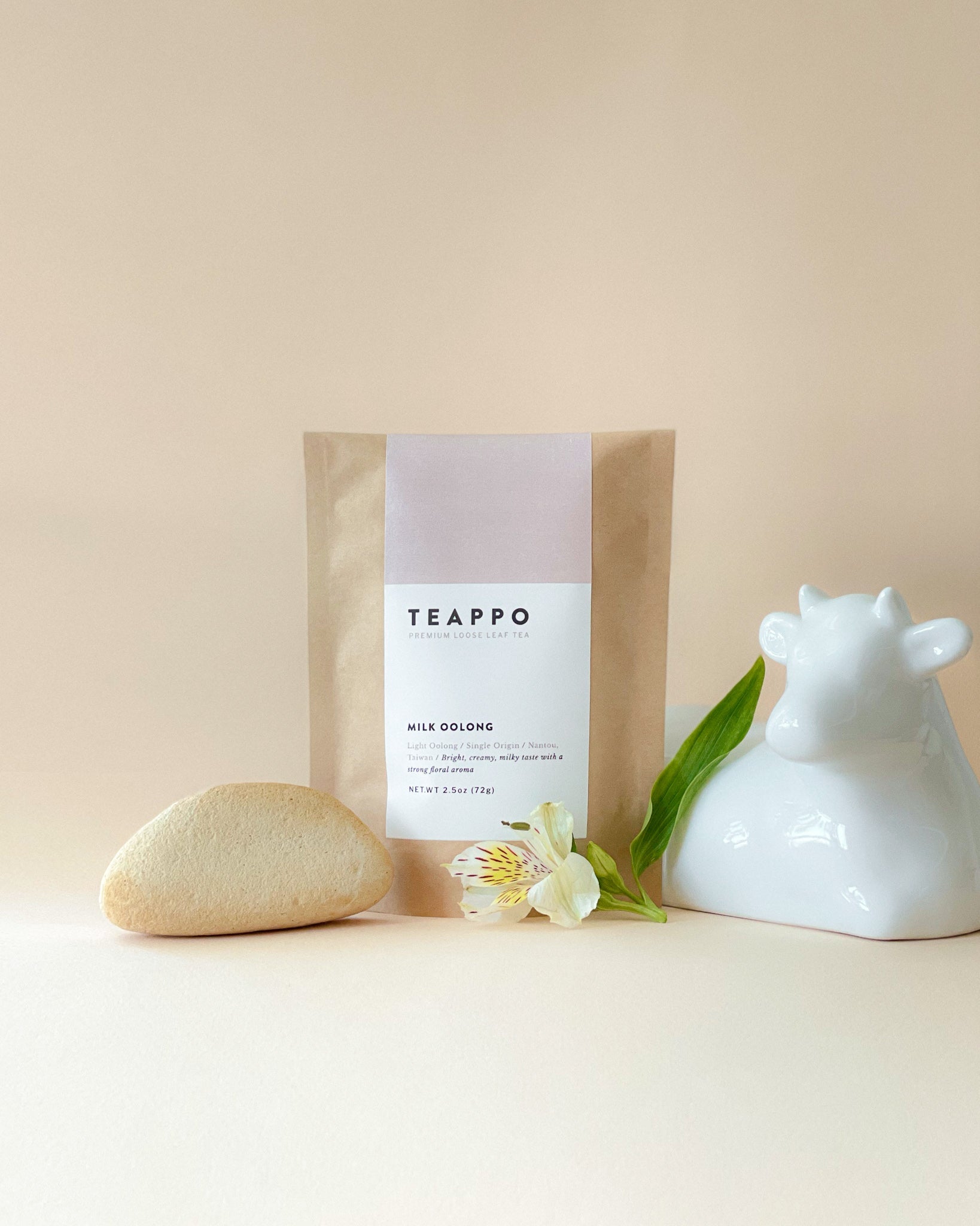 Teappo Milk Oolong, 2.5 oz package, features light oolong tea with a bright, creamy taste and floral aroma from Nantou, Taiwan.