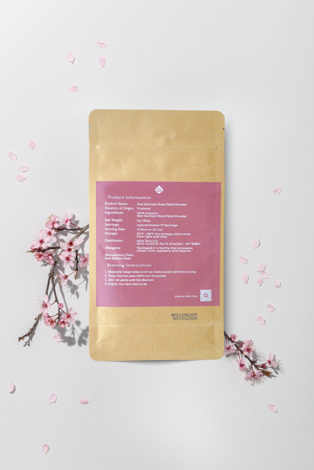 Mala Tara Red Damask Rose Petal Powder Pouch Herbal Tea