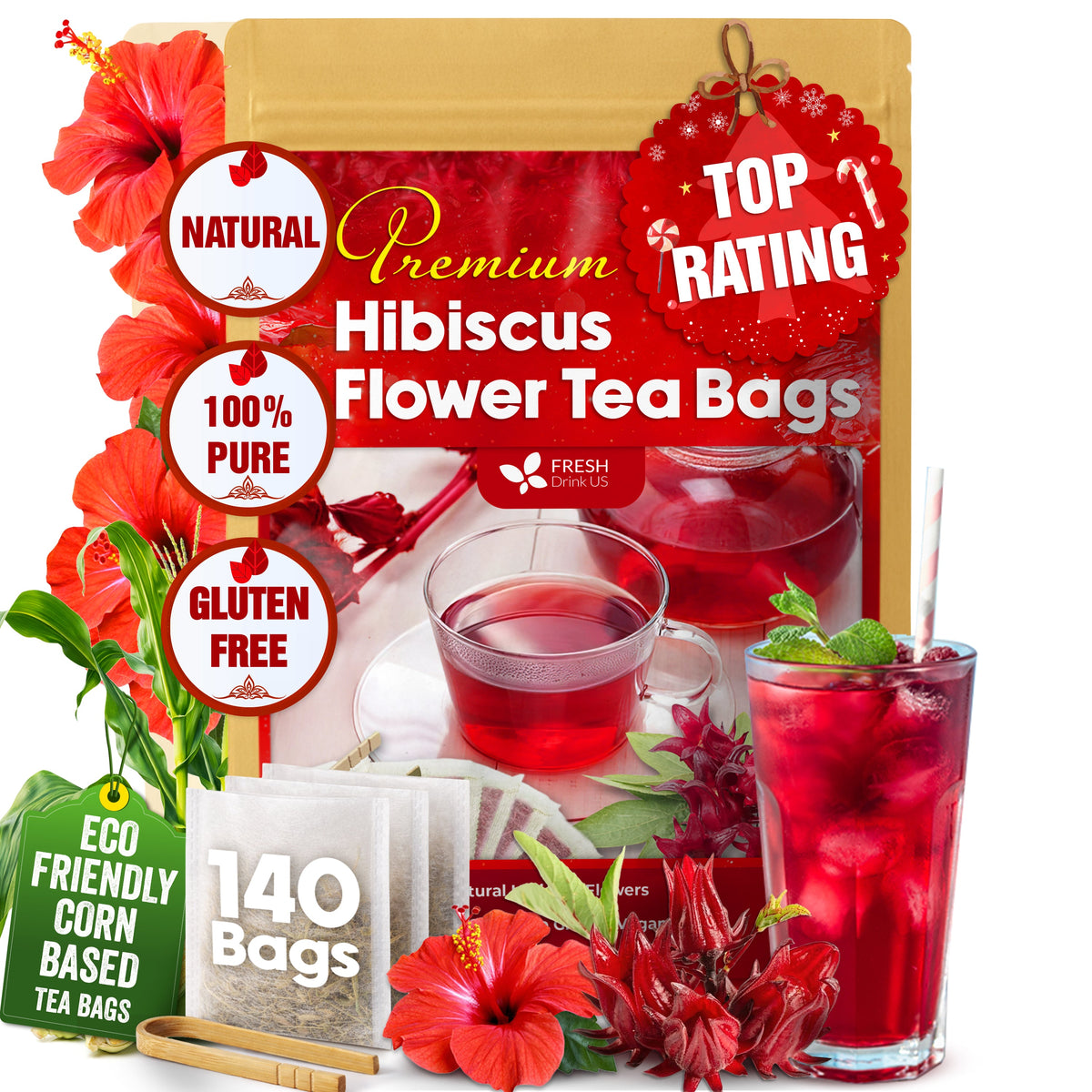 FreshDrinkUS Hibiscus Flower Tea Bags