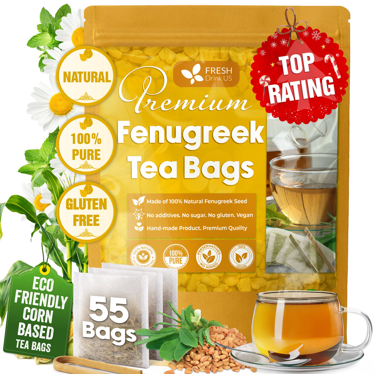Premium Fenugreek Tea Bags. No Sugar, No Caffeine, No Gluten, Vegan. (30 Tea Bags) Herbal Tea