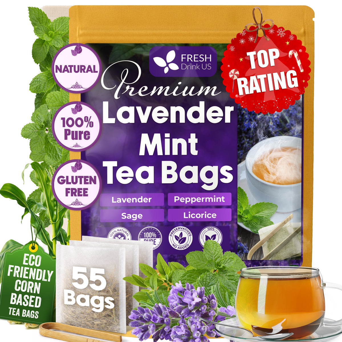 Premium Lavender Mint Tea Bags. 100% Natural, Blend of Lavender, Peppermint, Sage and Licorice. Herbal Tea
