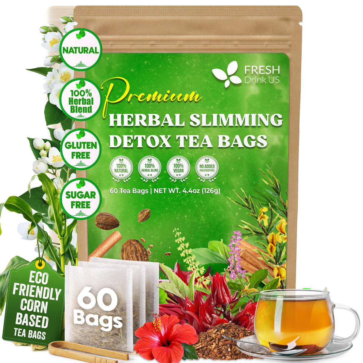 FreshDrinkUS - Natural and Premium Herbal SIimming Detox Tea Caffeine Free - Herbal Tea with Chamomile, Hibiscus Tea & Ginger Root