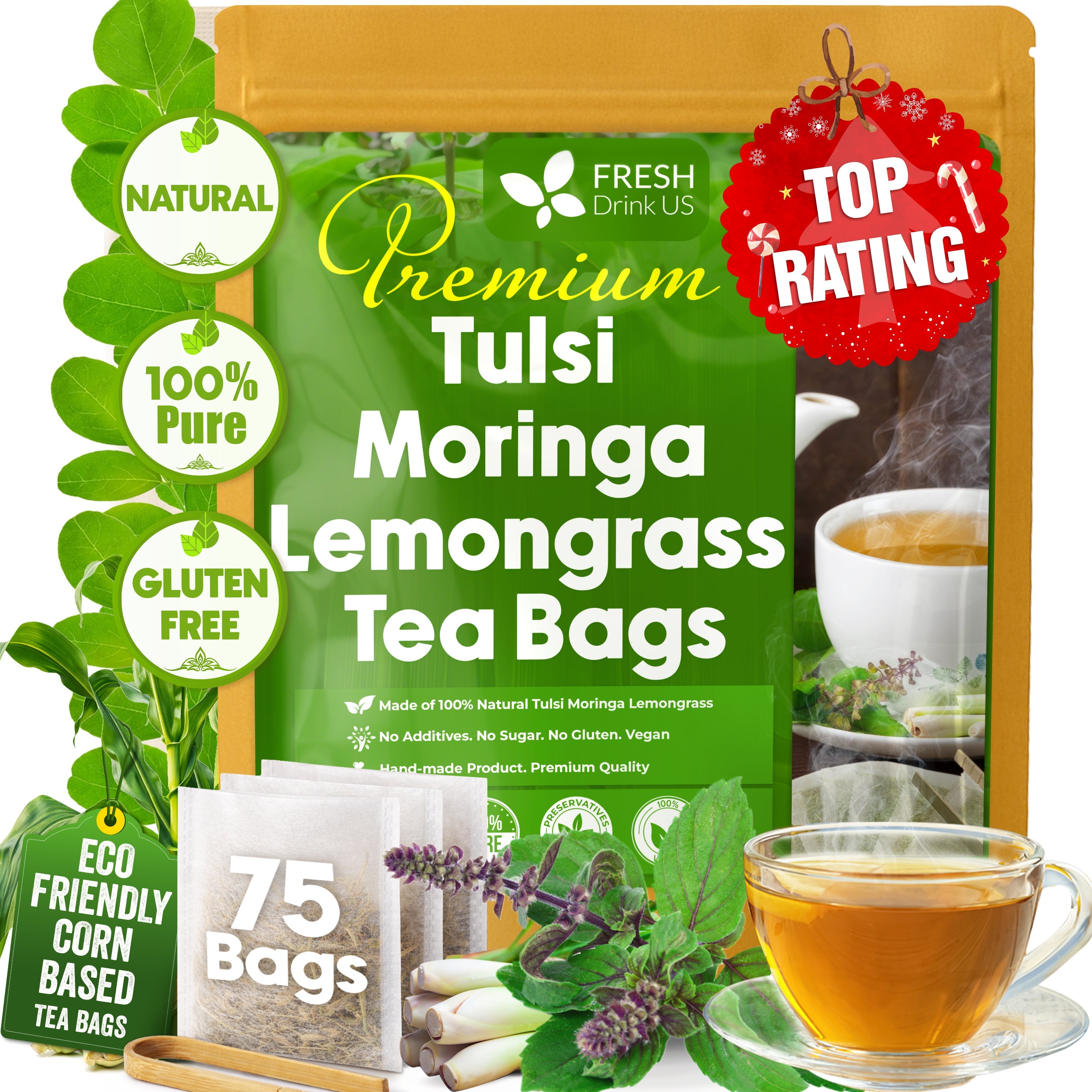 Premium Tulsi Moringa Lemongrass  Tea Bags, 100% Natural & Pure from Tulsi Holy Basil Leaves, Moringa & Lemongrass. Herbal Tea
