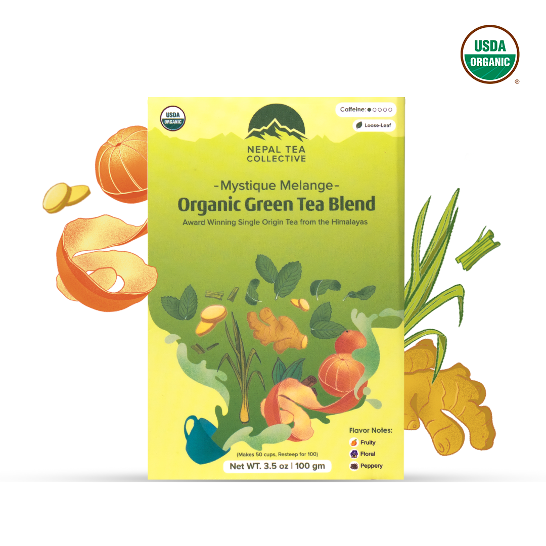 Mystique Mélange from Nepal Tea is a premium Himalayan green tea blend with floral rose petal aroma and citrus flavors.