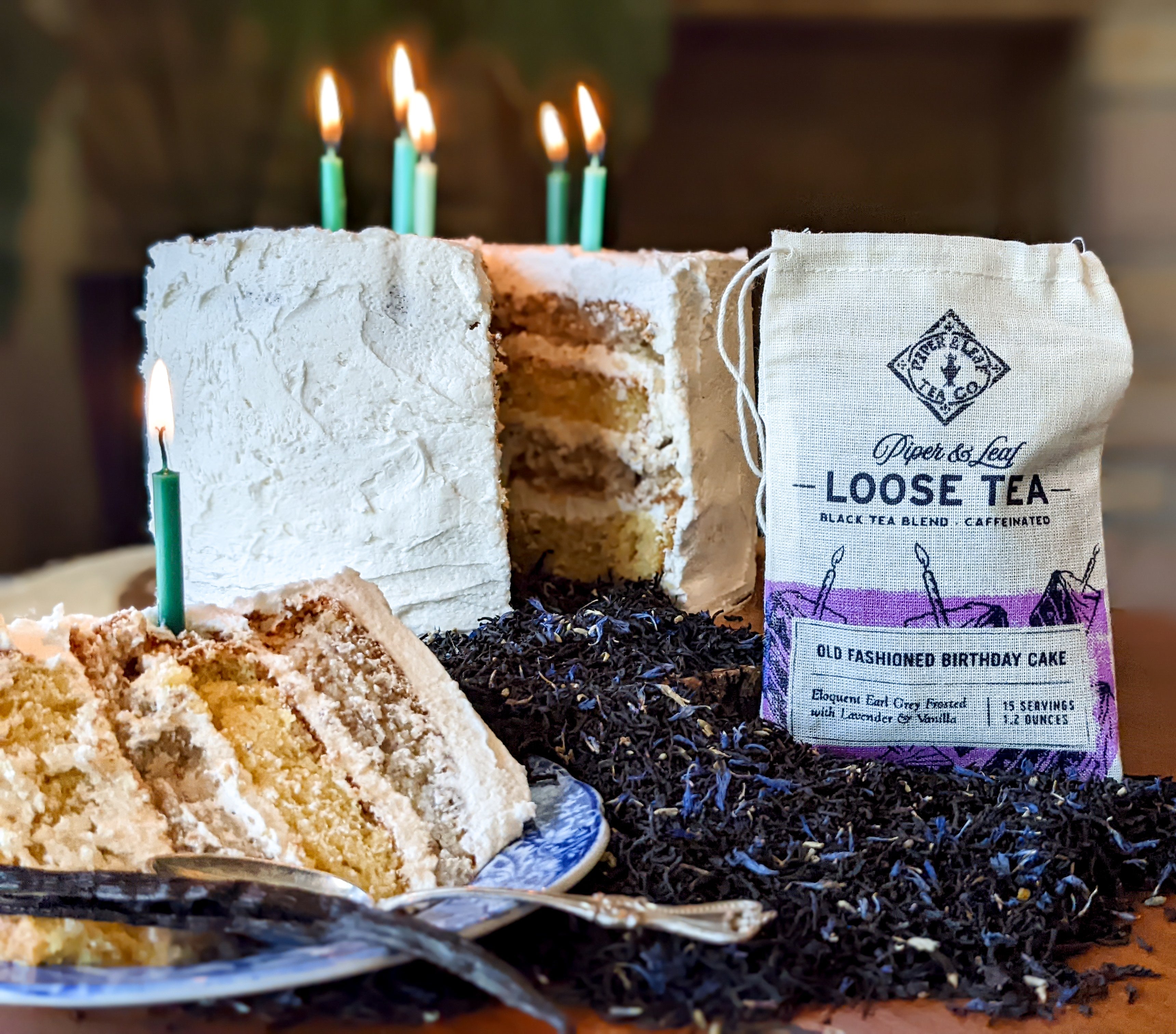 Piper and Leaf Old Fashioned Birthday Cake Muslin Bag of Loose Leaf Tea - 15 Servings displayed in a clear packaging.