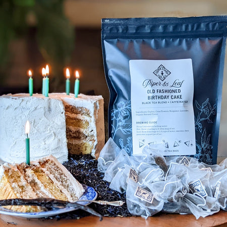 Piper and Leaf Old Fashioned Birthday Cake Bulk Sachets - 70ct Tea Bags displayed in packaging, featuring a blend of black tea, lavender, and vanilla.